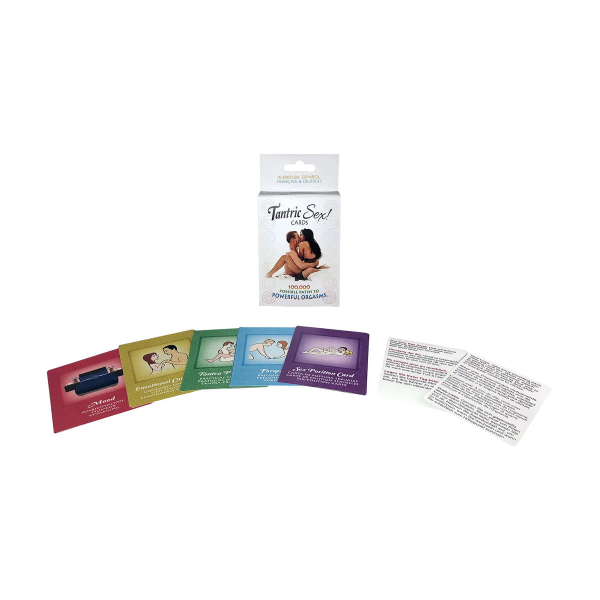 Кутия на играта Tantric Sex Cards на Kheper Games и разгънати цветни карти с инструкции в червено, жълто, зелено, синьо и лилаво