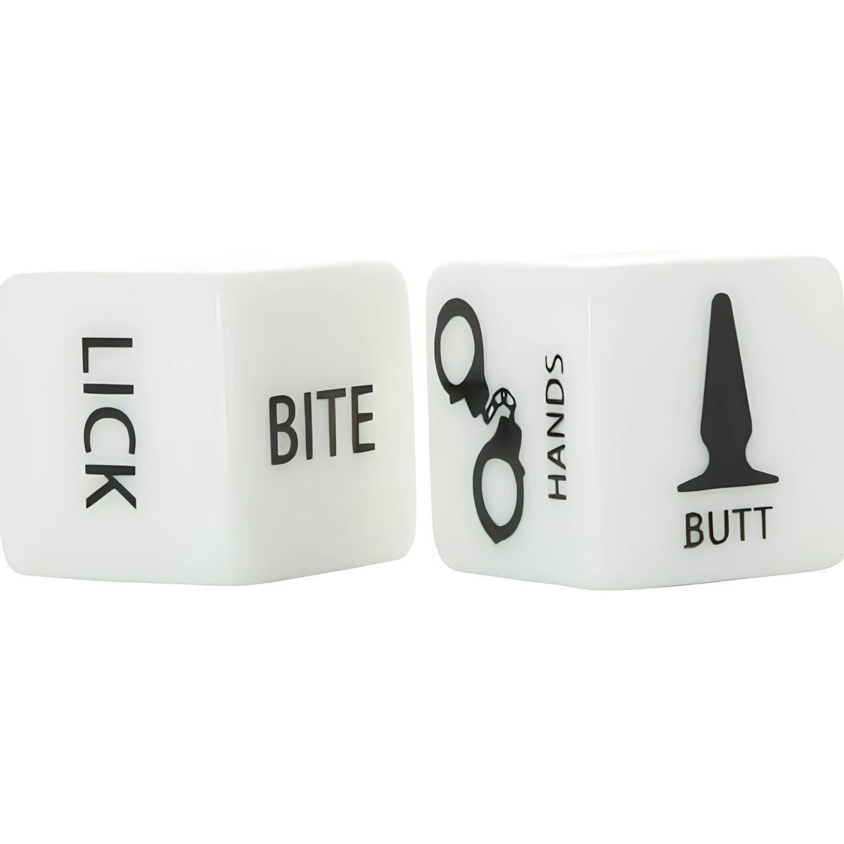 Две бели зарове Ouch! BDSM с черни надписи LICK, BITE, HANDS, BUTT и символи на white белезници и анален щепсел