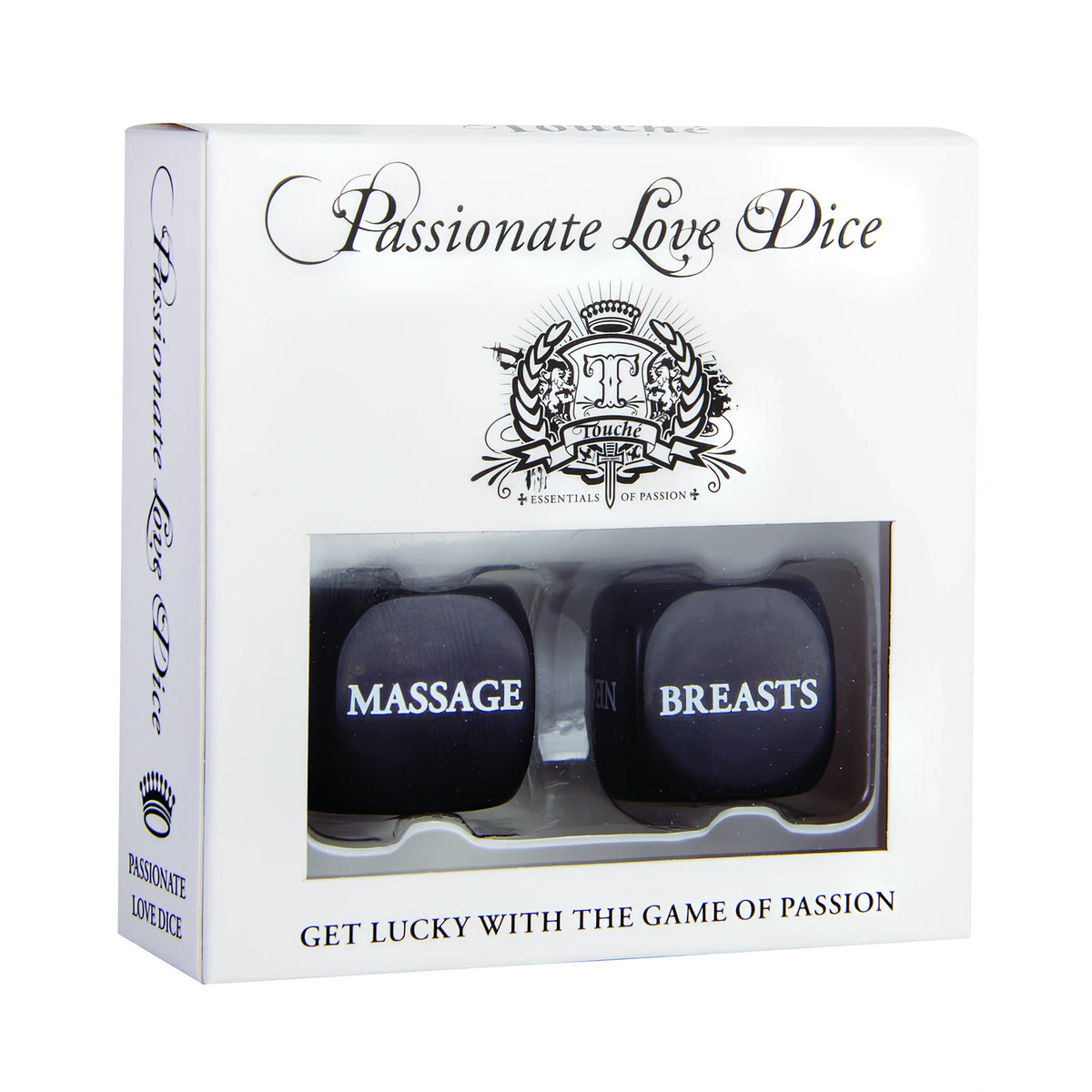 Бяла кутия на Passionate Love Dice на Touché с прозорче, през което се виждат две черни зарове с надписи MASSAGE и BREASTS