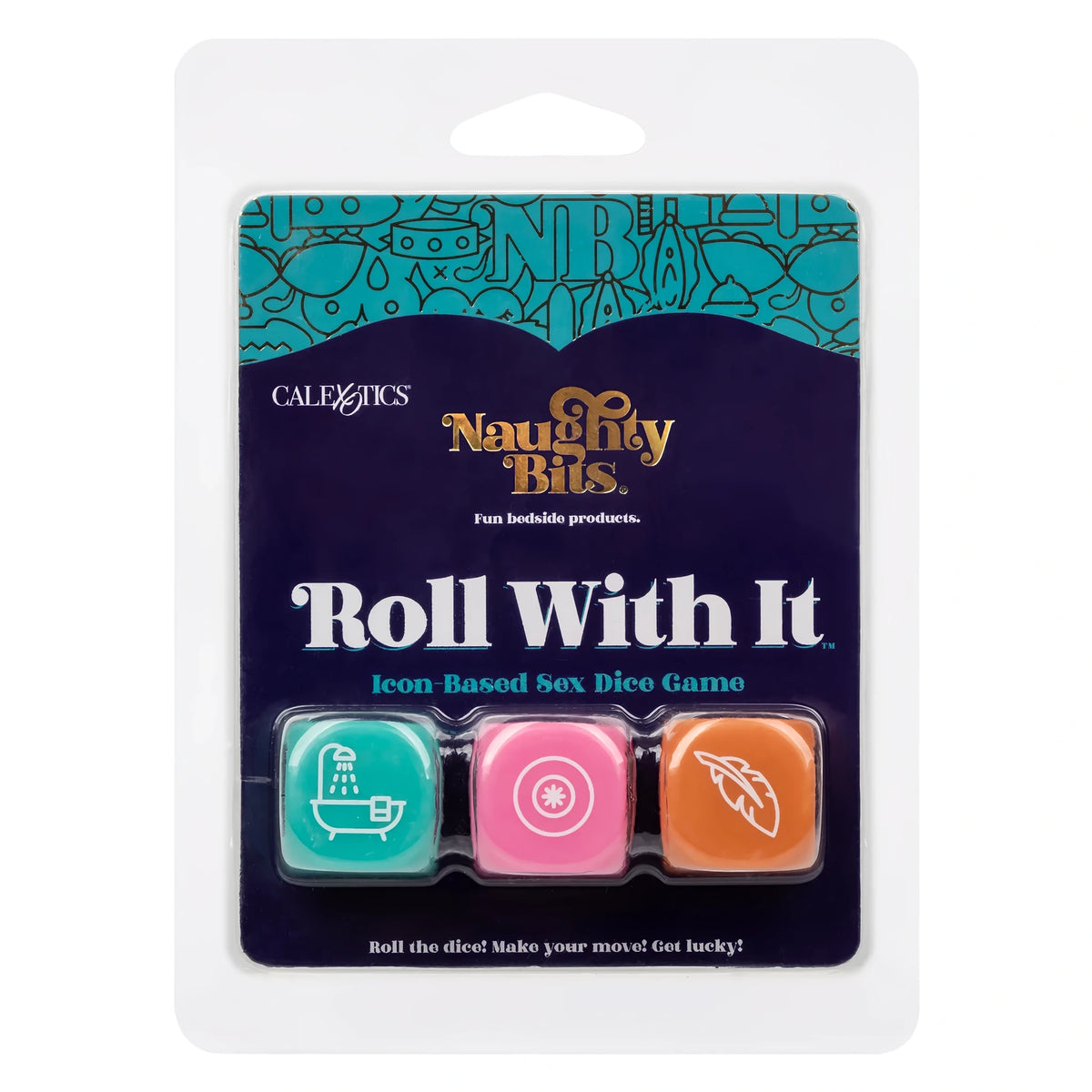 Опаковка на играта Секс зарове Roll With It от Naughty Bits на CalExotics с три зарова – зелен с вана, розов и оранжев с перо