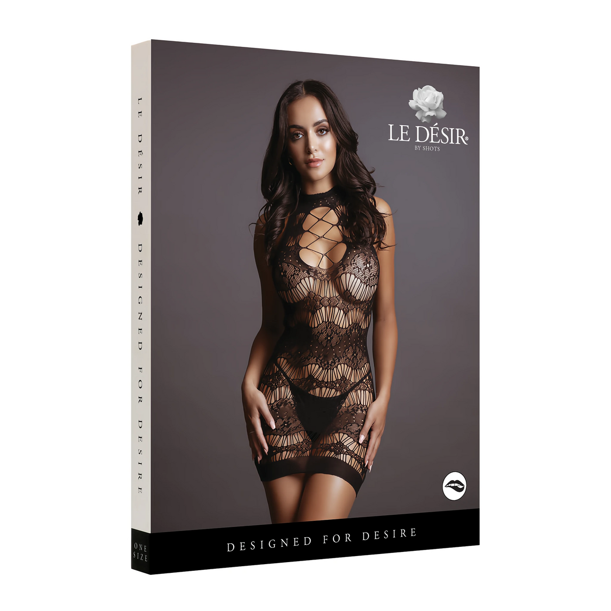 Кутия на секси рокля Criss Cross на Le Désir by Shots с модел в черна мрежеста рокля с кръстосани връзки на деколтето