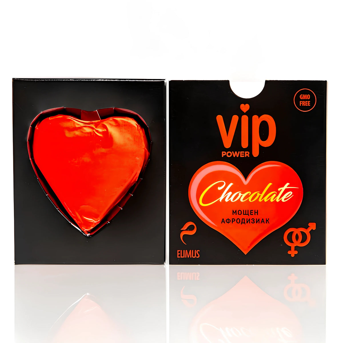 Шоколадово сърце VIP Power на Elimus в червено фолио до черната си опаковка с надпис Chocolate, мощен афродизиак и GMO Free