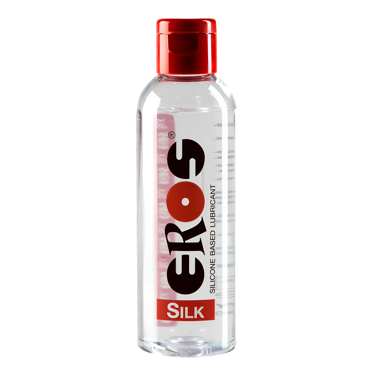 Прозрачна бутилка Eros Silk с червена капачка и надпис „Silicone based lubricant“ – силиконов лубрикант, вариант 50 ml