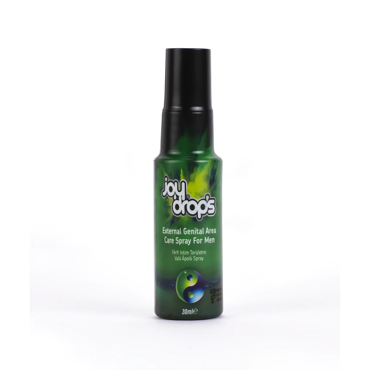 Зелена спрей бутилка JoyDrops с черна капачка, 30 ml, с надпис External Genital Area Care Spray For Men и символ ин и ян