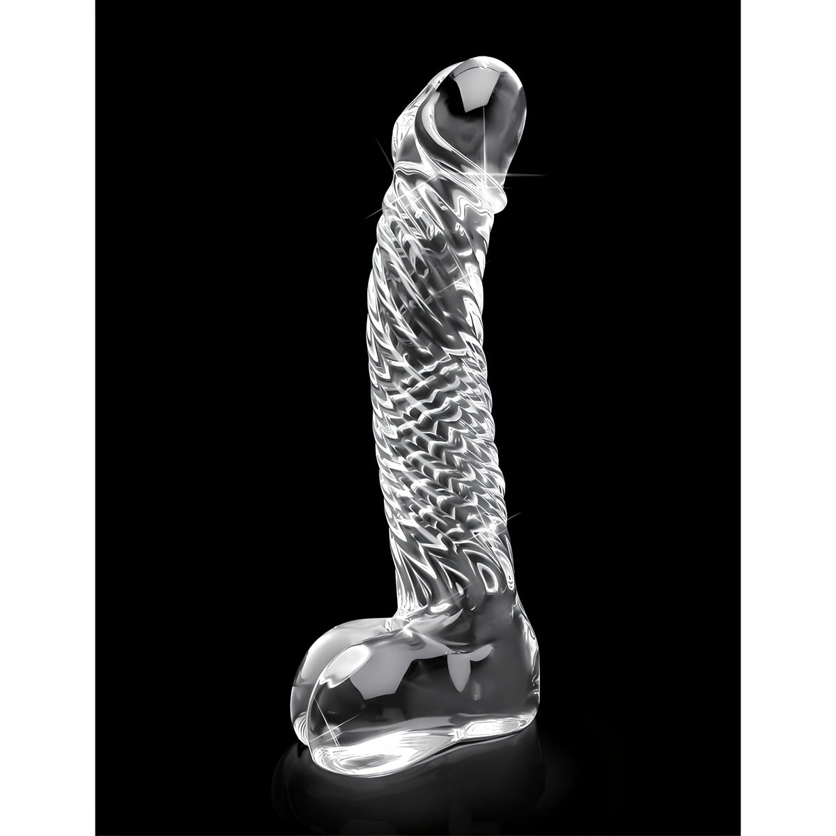 Стъклено дилдо Icicles No 61 на Pipedream, прозрачно, с релефна текстура по ствола и стабилна основа, на черен фон