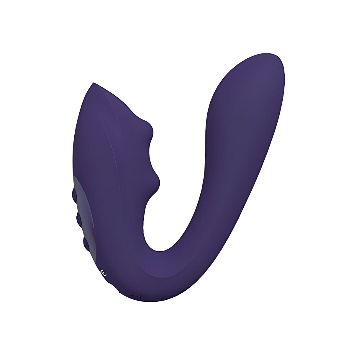 Стимулатор Yuki Purple на Vive в лилав цвят, изглед отстрани с извита U-образна форма и три бутона на корпуса
