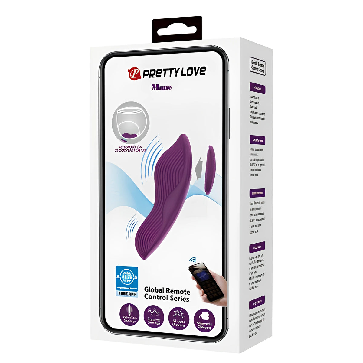 Кутия на Pretty Love Mane, серия Global Remote Control, с лилав стимулатор за бельо, телефон с приложение и четири иконки отпред