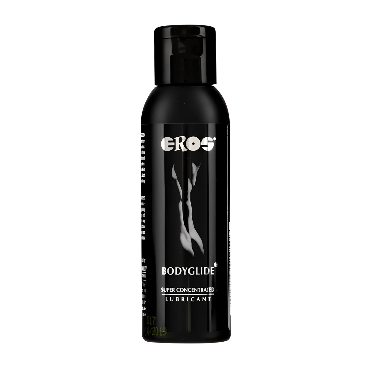 Черна бутилка Eros Bodyglide 50 мл с капаче, отпред с надпис Super Concentrated Lubricant и бяла графика на силует