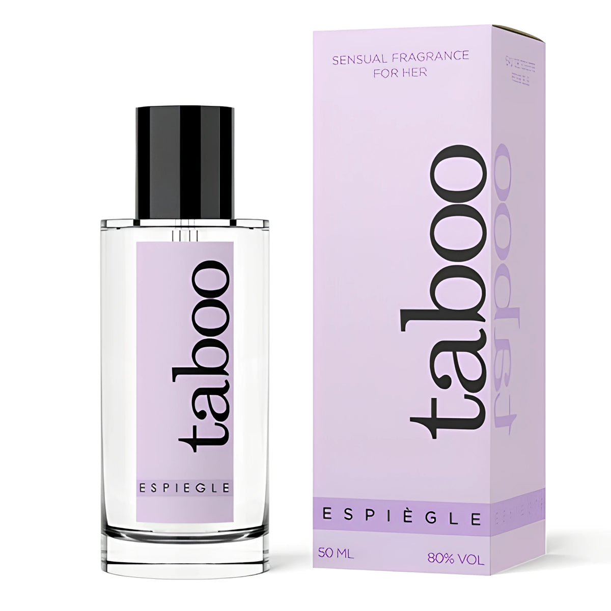 Парфюм Taboo Espiegle For Her на Ruf, 50 мл: стъклено флакон с черен капак и лилава кутия с надпис „Sensual fragrance for her“