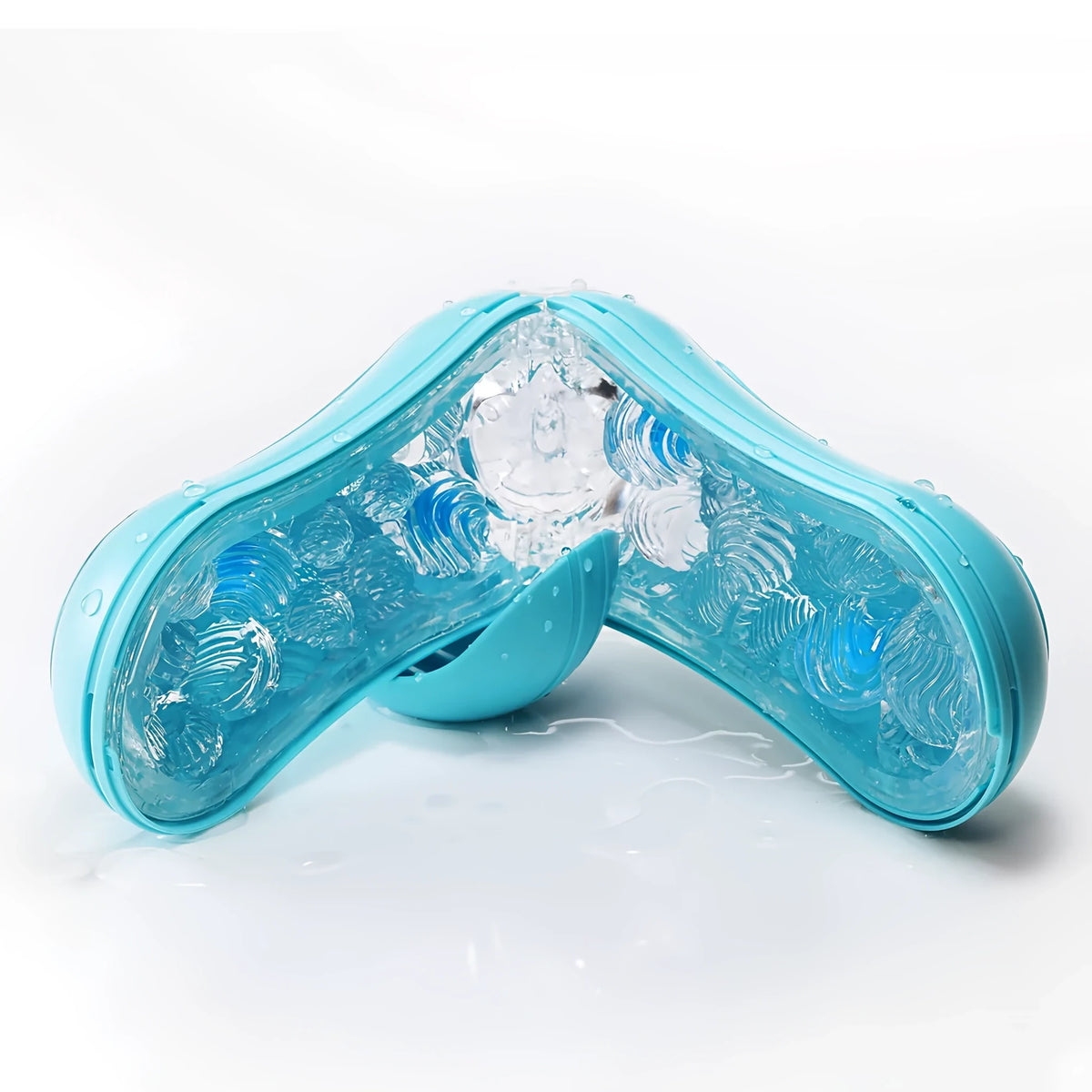TENGA FLIP ORB Ocean Blue в отворено положение – вътрешната страна с релефни кълбовидни структури в синьо и прозрачно, със капки вода
