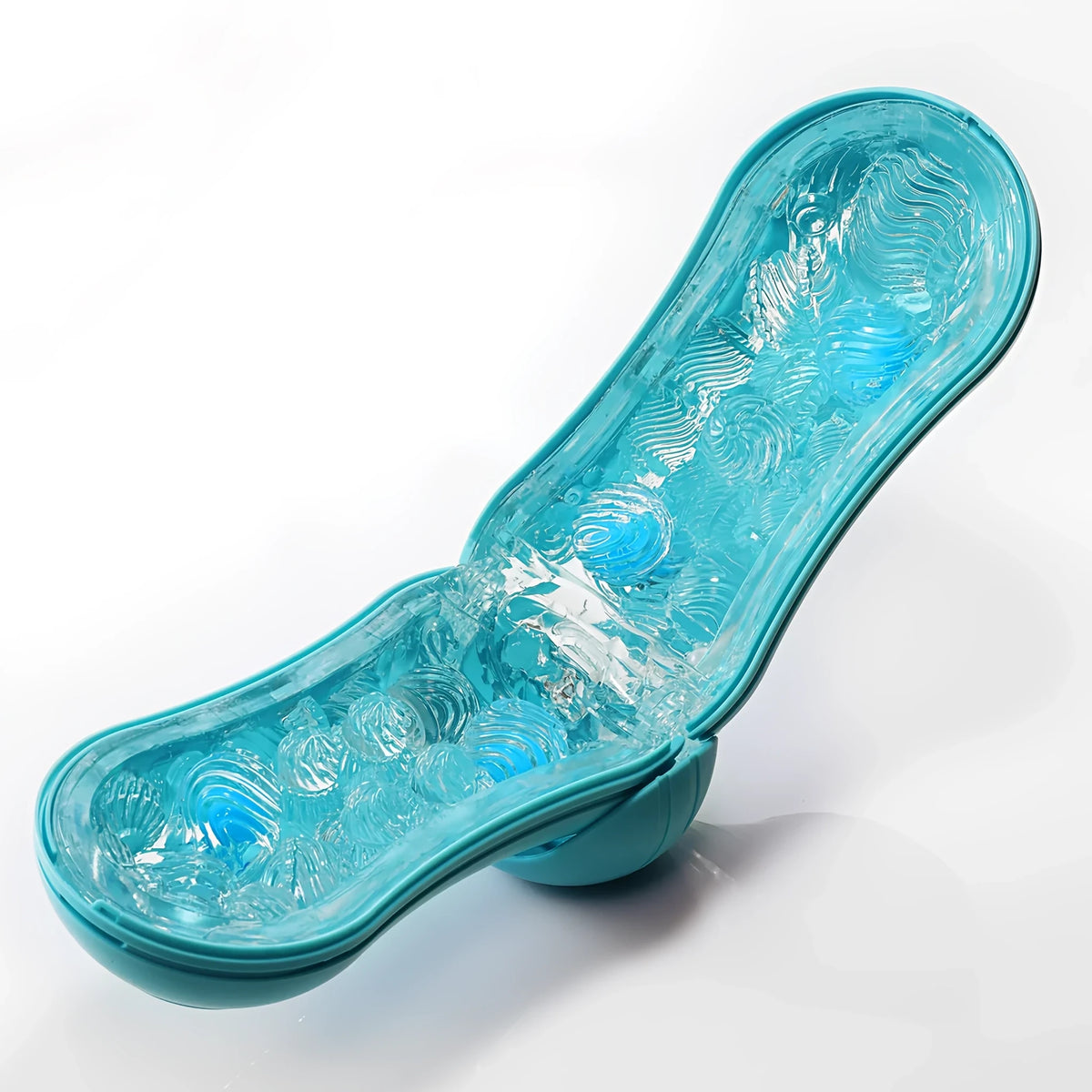 TENGA FLIP ORB Ocean Blue с отворен тюркоазен корпус, вътре се виждат прозрачна текстура с вълнообразни релефи и сини топчета