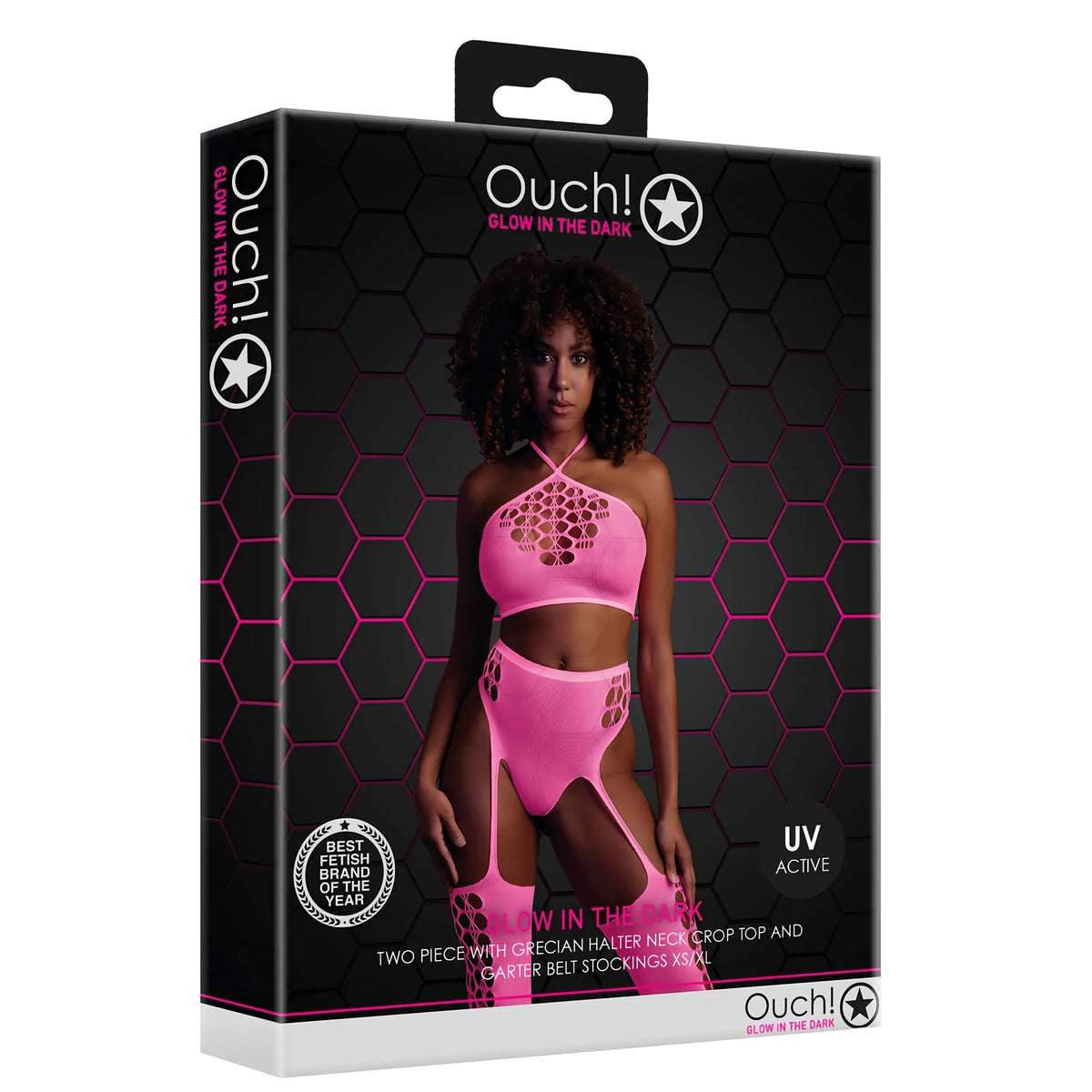 Черна кутия на Ouch! Glow in the Dark с модел в неоново розов crop top и жартиери с чорапи, надпис UV Active, ъглов изглед
