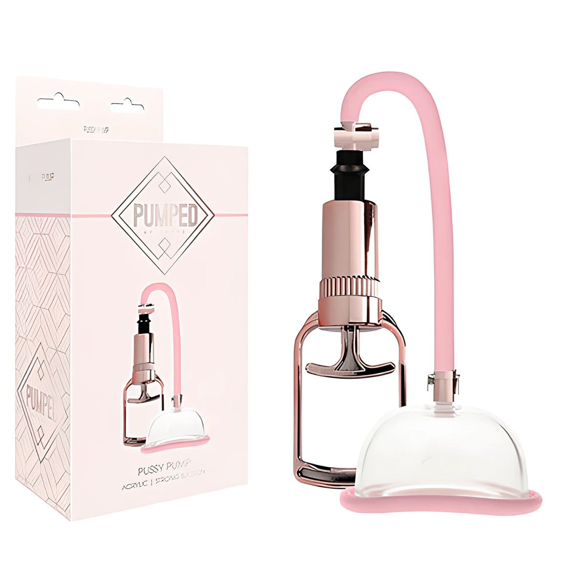 Вагинална помпа Pumped на Shots с розов маркуч и прозрачна чашка, до светлата кутия с надпис Pumped