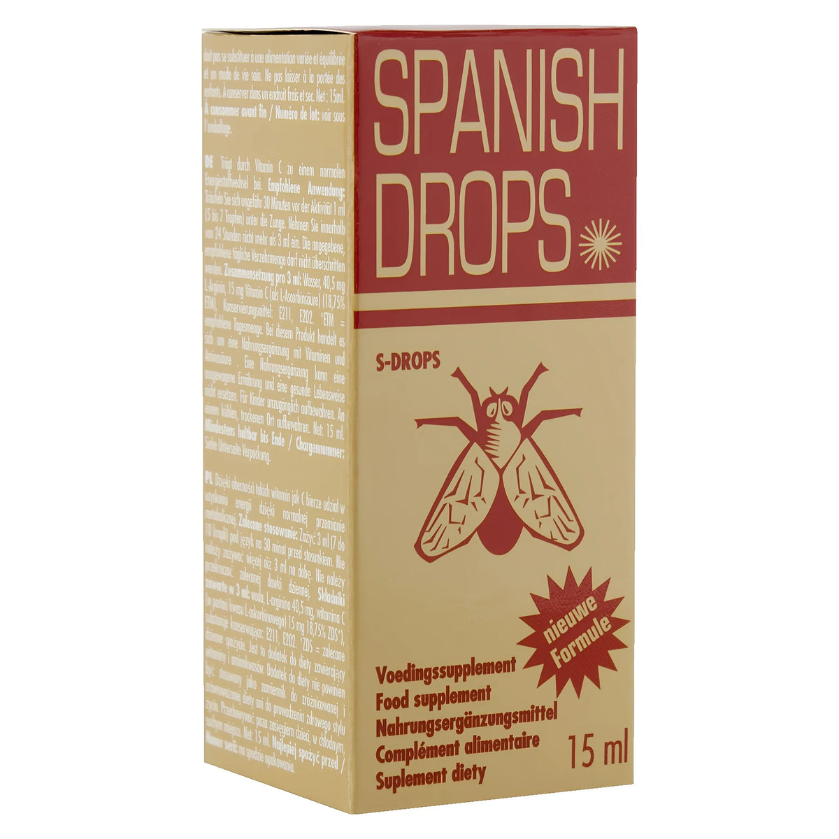 Златиста кутия на Spanish Drops S-Drops от Cobeco Pharma, 15 ml, с червена илюстрация на муха и многоезични надписи отстрани
