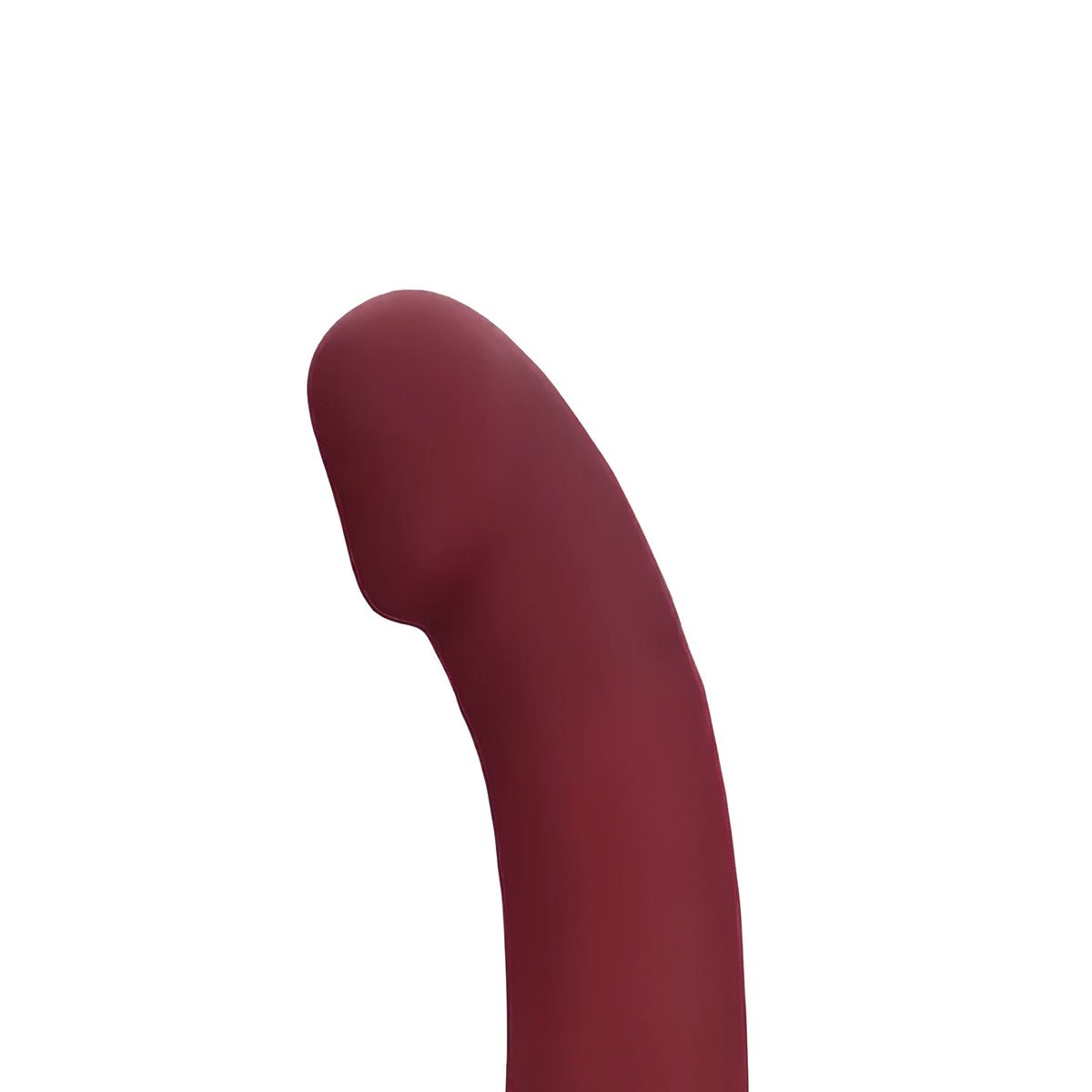 Close-up на извития връх на бордо вибратор Shots Bendable Strapless Strap-on с гладка матова повърхност