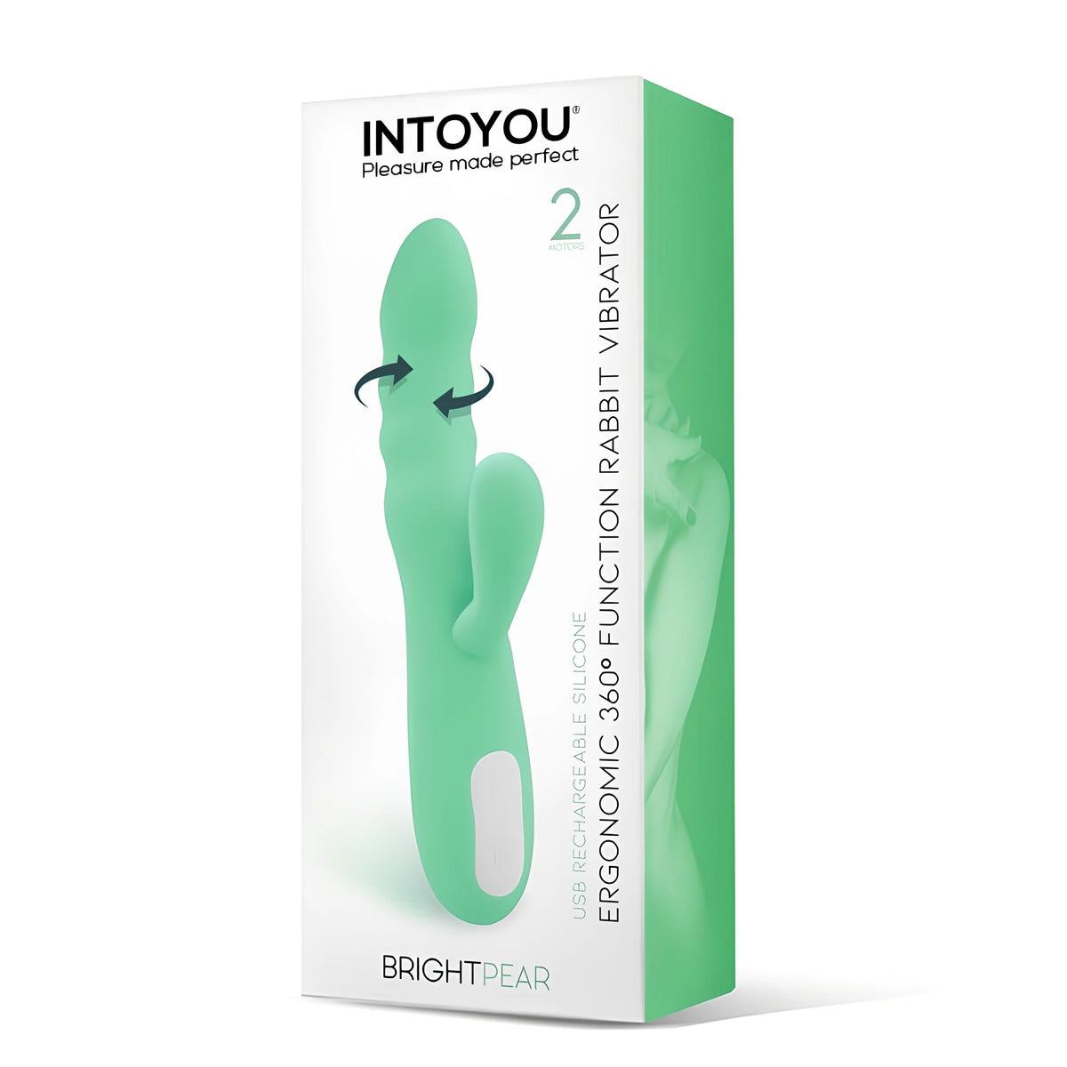Кутия на вибратор Brightpear на IntoYou с мента-зелен продукт, стрелки за въртене на 360°, два мотора и надпис за USB зареждаем силикон