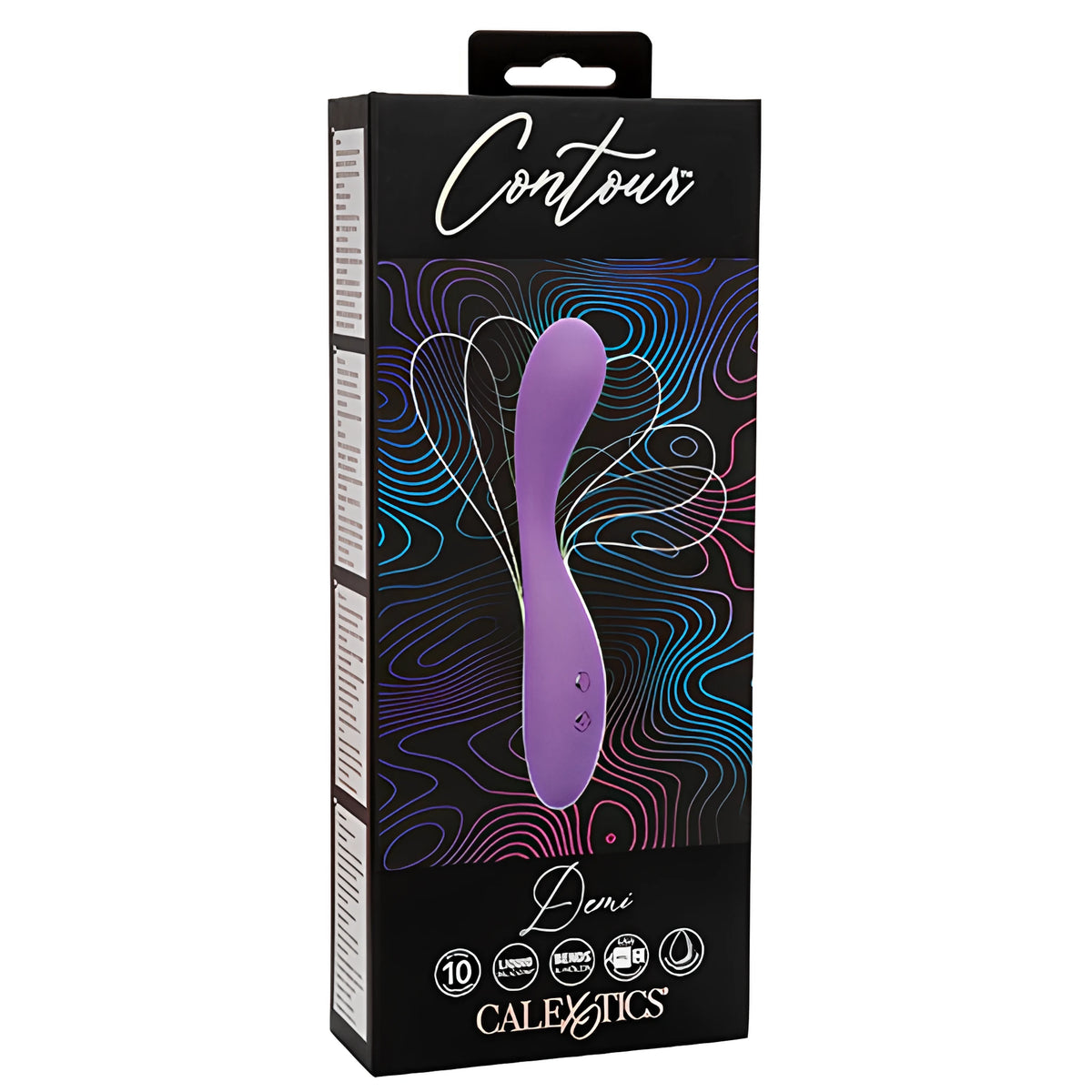 Черна кутия на вибратор Contour Demi на CalExotics с лилав гъвкав вибратор и цветни контурни шарки на лицевата страна