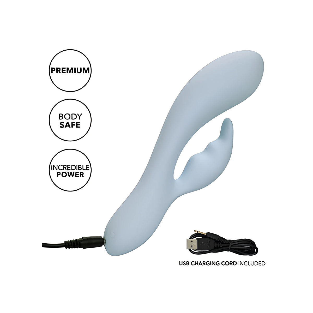 Светлосин вибратор Contour Kali с включен USB кабел за зареждане и надписи: Premium, Body Safe, Incredible Power; в комплекта има USB кабел