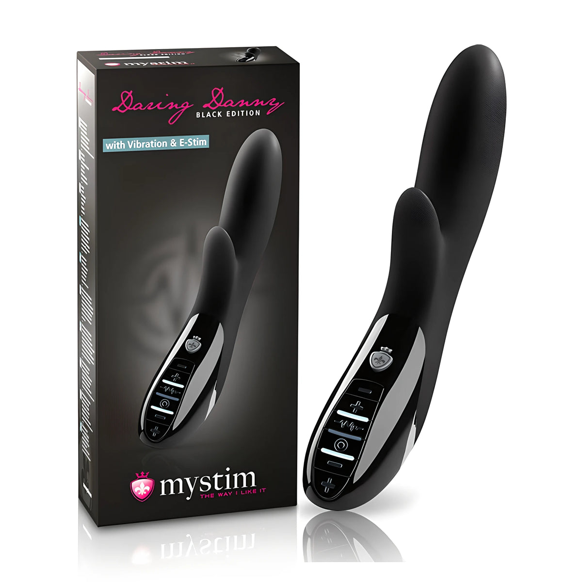 Вибратор Daring Danny Black Edition на My Stim в черно до черната си кутия с надпис „with Vibration & E-Stim“