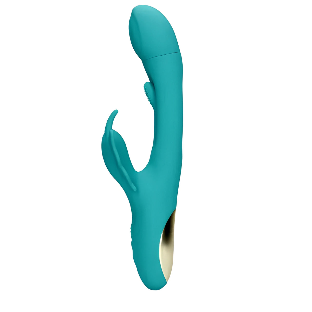 Вибратор Flapping G-Spot Butterfly на Shots в тюркоазен цвят, страничен изглед със златист елемент в основата и външно рамо с форма на пеперуда
