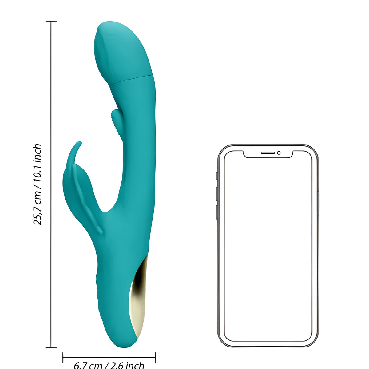 Вибратор Flapping G-Spot Butterfly в тюркоазен цвят до силует на смартфон за сравнение на размера: 25,7 см височина, 6,7 см ширина