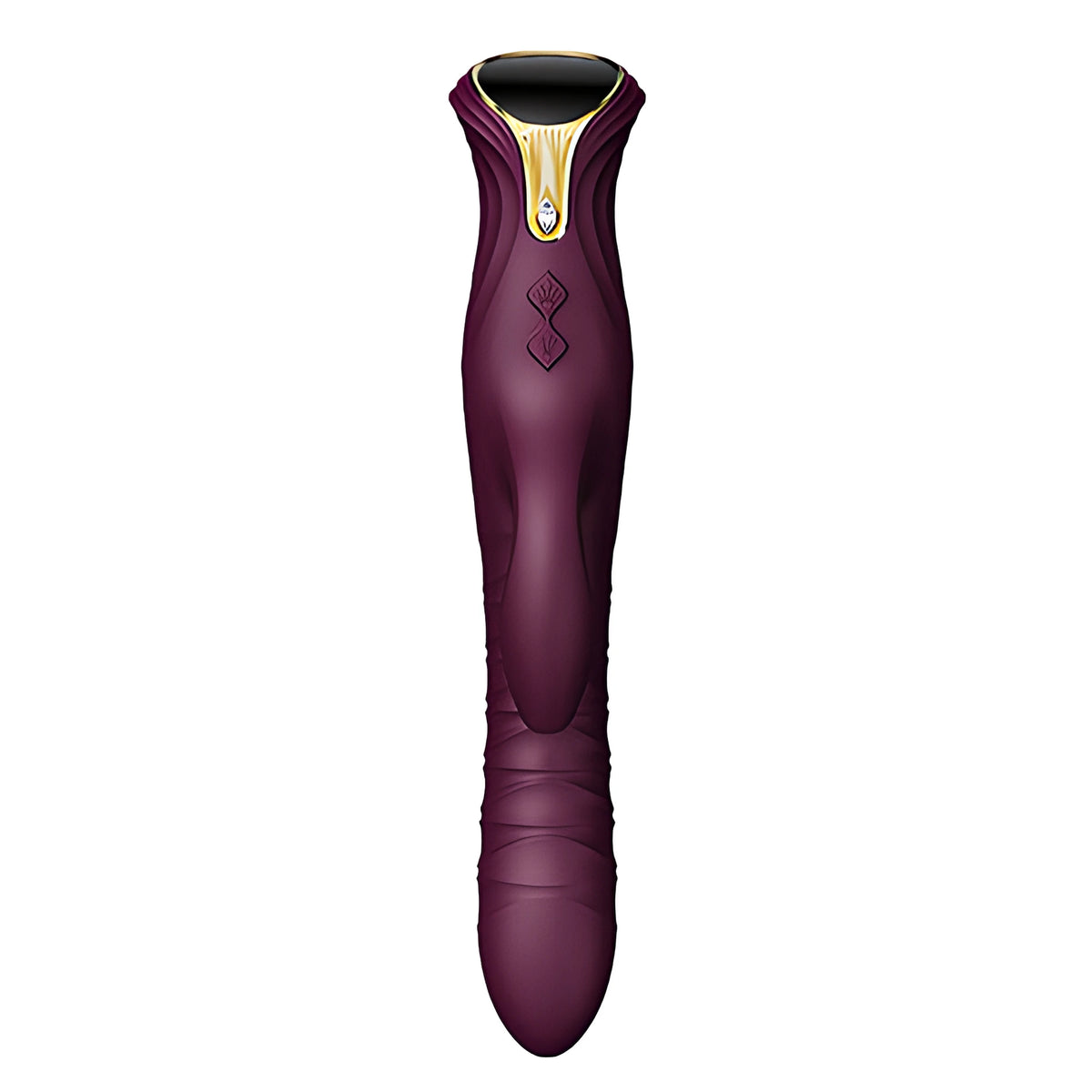 Вибратор Zalo Mose в цвят Velvet Purple, изглед отпред: златист акцент с кристал, тъмен дисплей и два бутона за управление