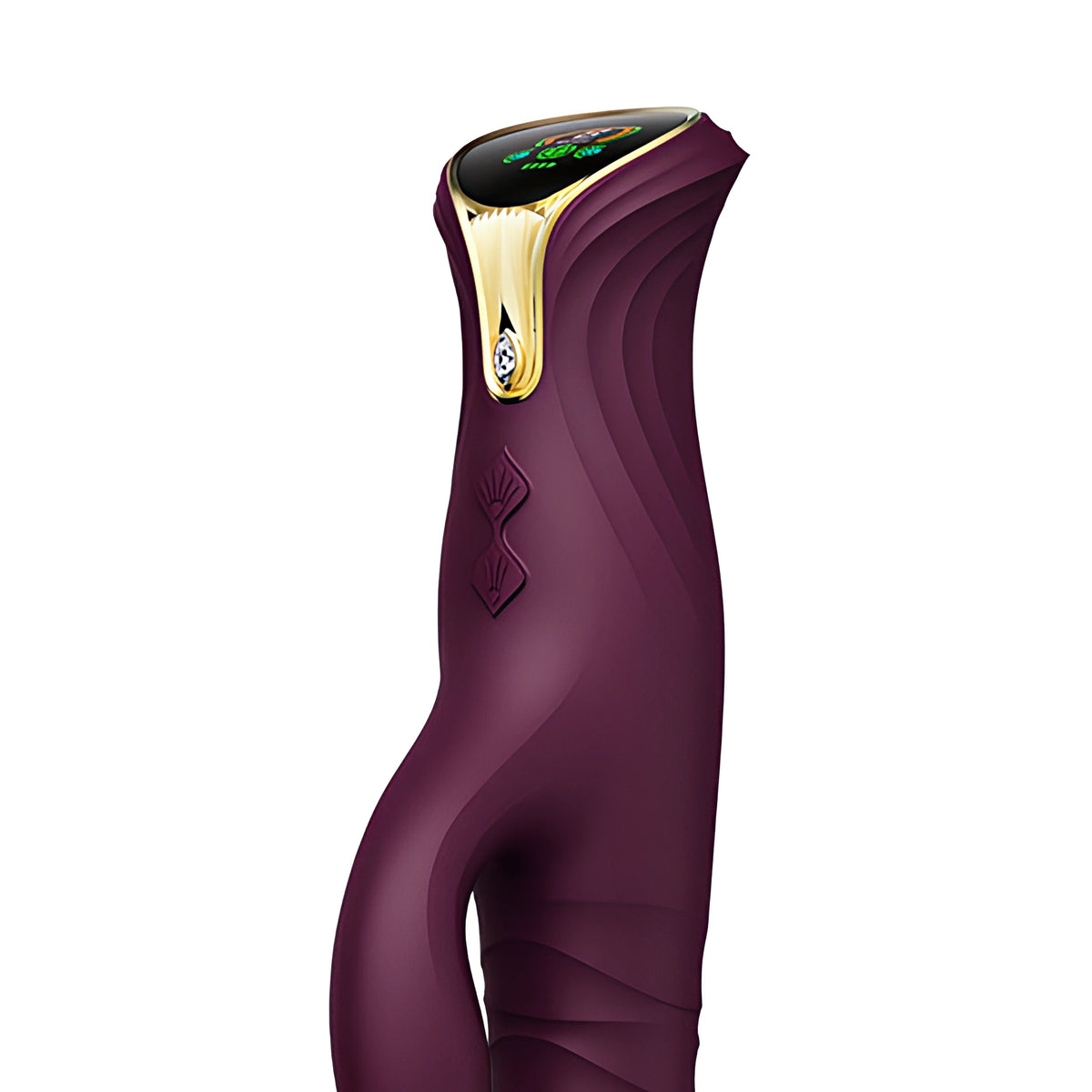 Close-up на горната част на вибратор Zalo Mose Velvet Purple: цветен дисплей, златиста визия, кристал и два сензорни бутона