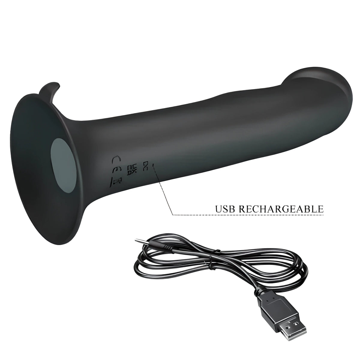 Вибратор Murray с вендуза в черно, до него USB кабел за зареждане и надпис USB Rechargeable