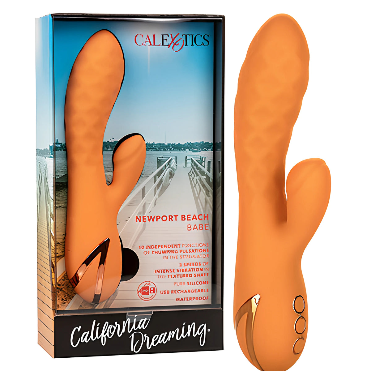 Вибратор Newport Beach Babe в оранжев цвят до кутията си от серията California Dreaming на CalExotics с морски пейзаж и дървен кей