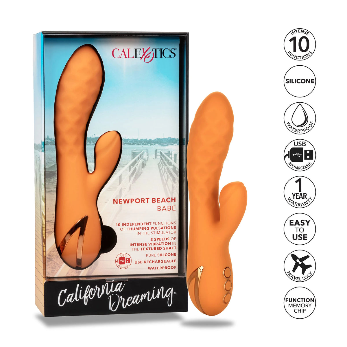 Вибратор Newport Beach Babe в оранжев цвят до кутията си от серията California Dreaming, с икони за функции, силикон и USB зареждане