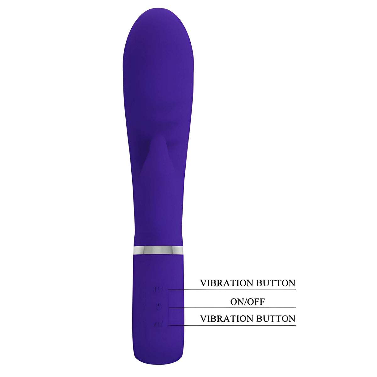 Вибратор Prescott Purple на Pretty Love в лилаво, отпред, с обозначени бутони за вибрация и бутон за включване/изключване