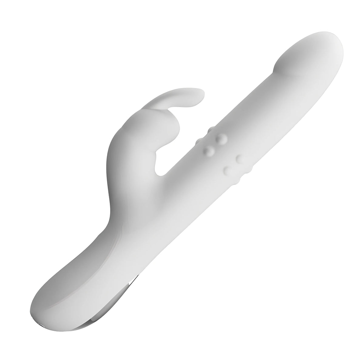 Бял вибратор Reese на Pretty Love, сниман под ъгъл, със заоблен връх, ушичка отстрани и малки релефни перли по корпуса