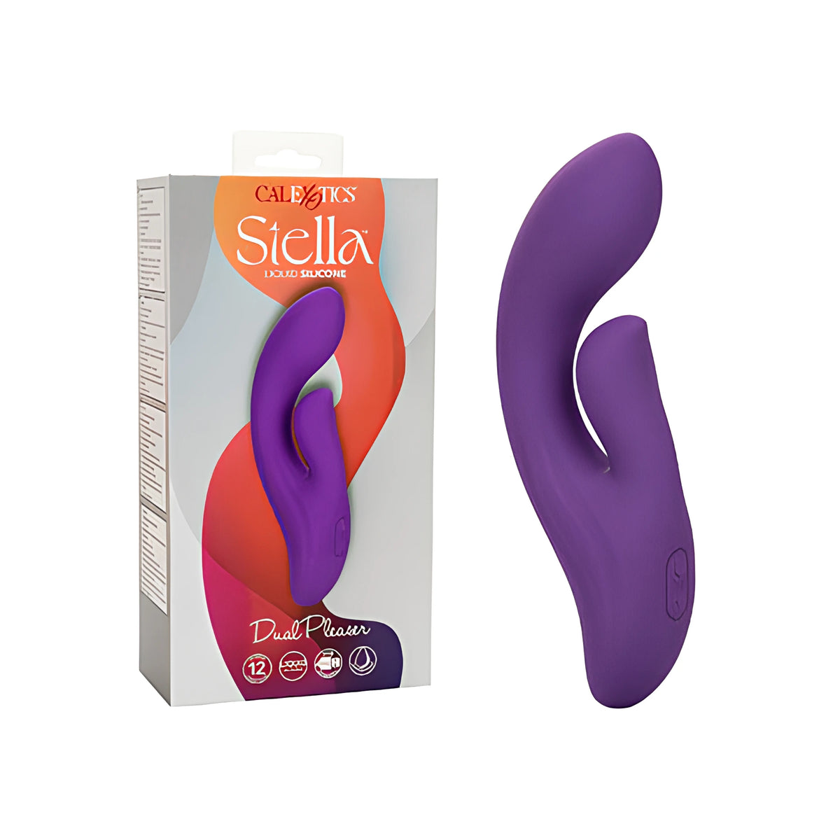 Вибратор Stella Dual Pleaser в лилав цвят до кутията си с надпис CalExotics Stella Liquid Silicone и оранжево-розов дизайн