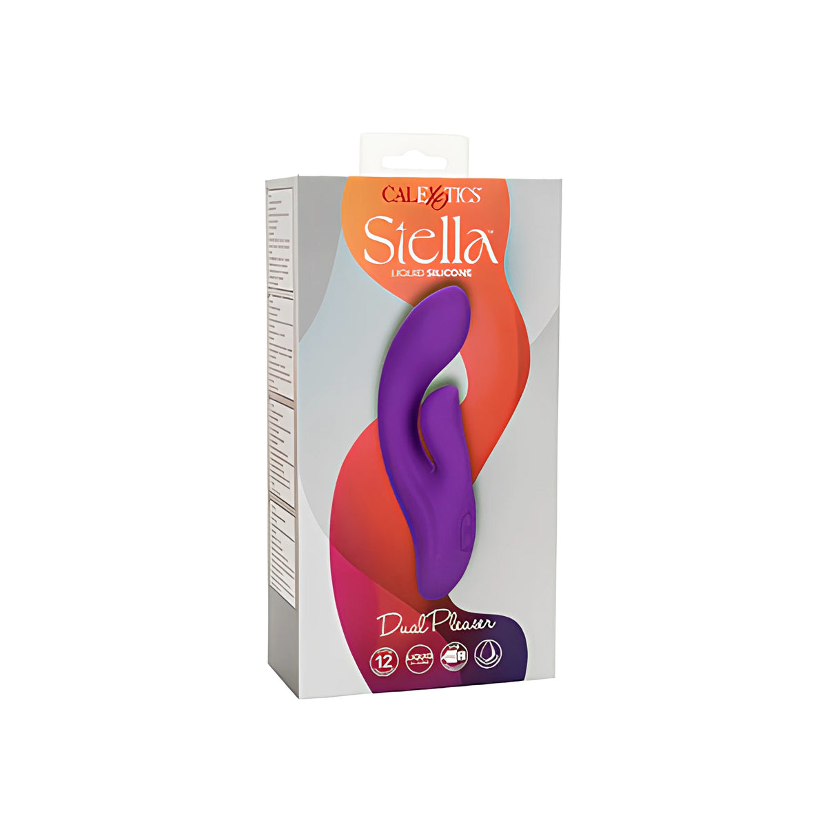 Кутия на вибратор Stella Dual Pleaser от CalExotics с лилав продукт на оранжево-розов фон и надпис „Liquid Silicone“