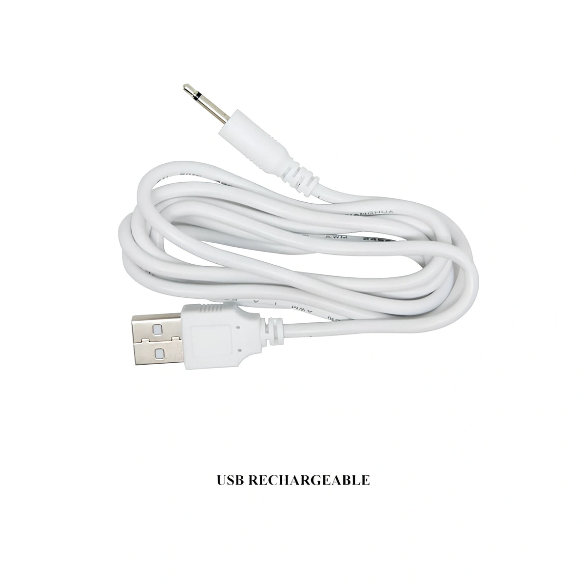 Бял USB кабел за зареждане с тънък кръгъл накрайник към вибратор Ternence на Pretty Love, с надпис USB Rechargeable