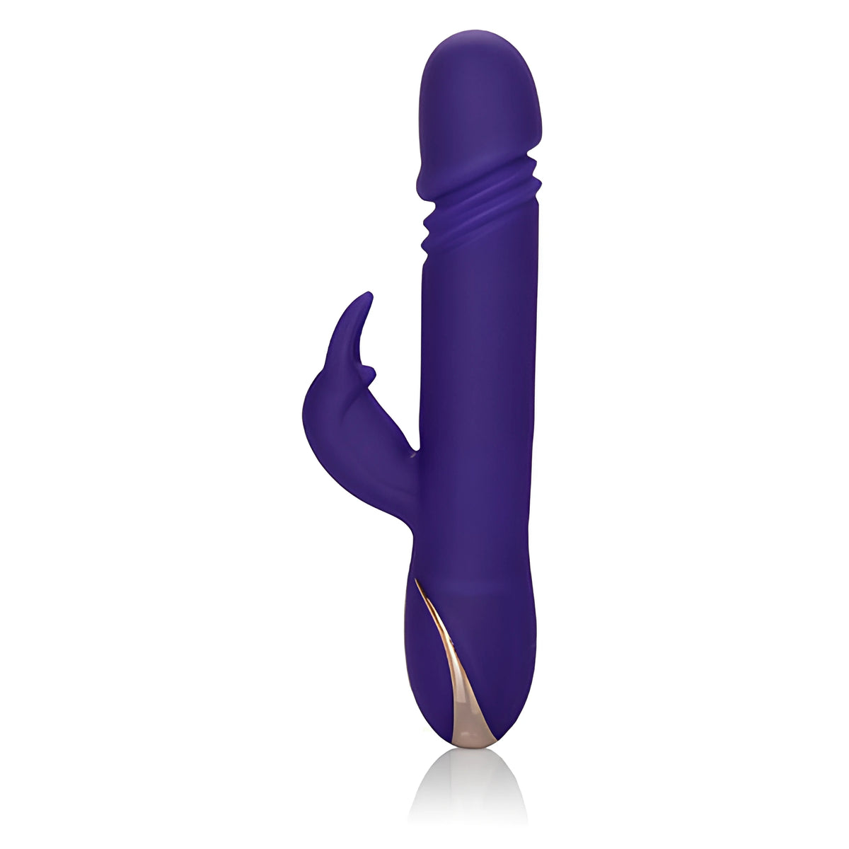 Вибратор Thrusting Rabbit Signature на California Exotic в лилав цвят, поглед отпред с малко рамо отстрани и златиста вложка на дръжката