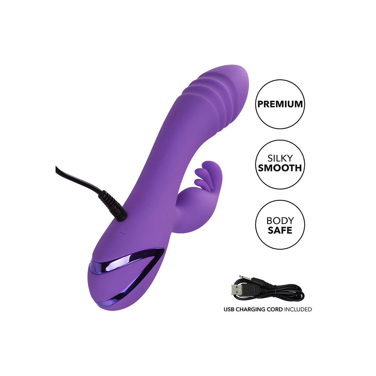 Лилав вибратор West Coast Wave Rider със свързан зареждащ кабел, надписи „Premium“, „Silky smooth“, „Body safe“ и USB кабел в комплекта