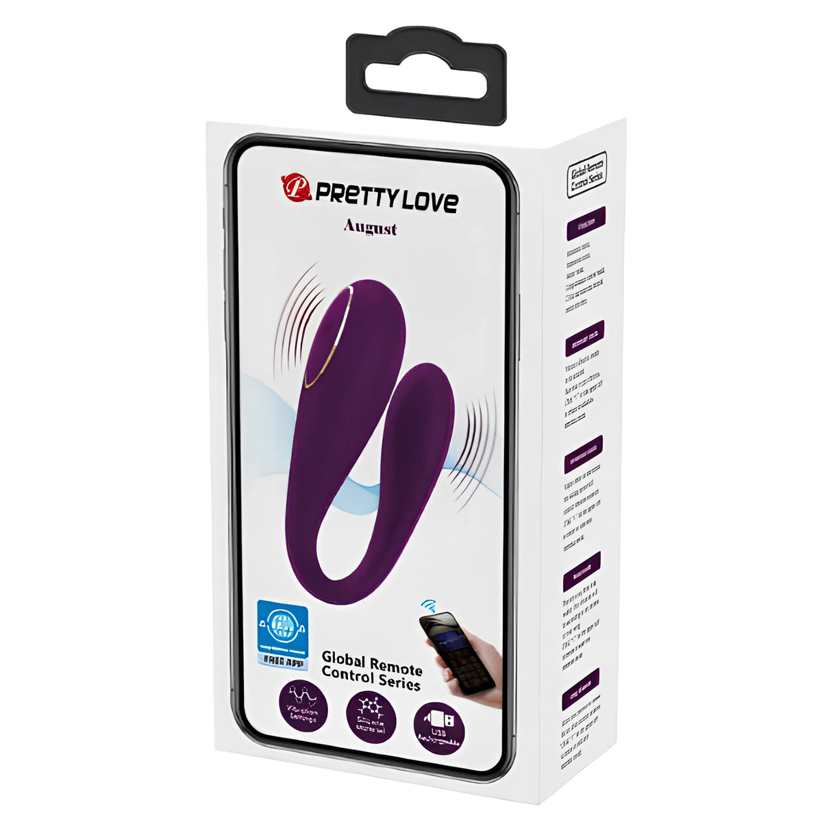 Кутия на Вибратор за двойки August на Pretty Love с лилав продукт, надпис Global Remote Control Series и телефон за управление