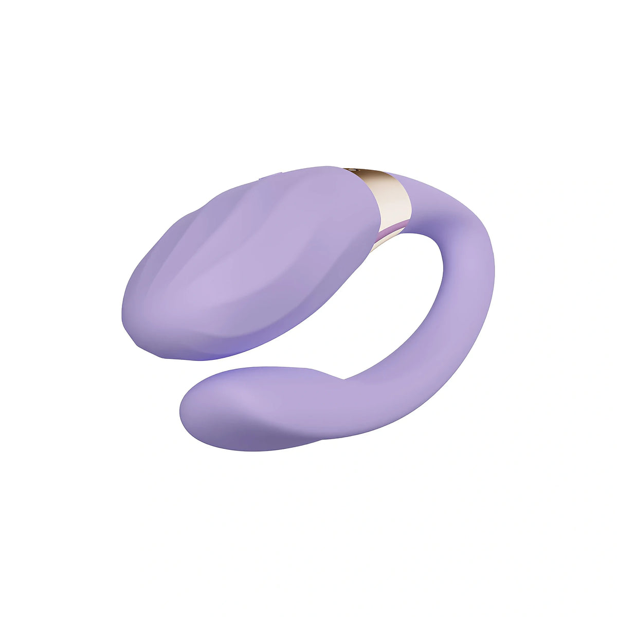 Лавандулов вибратор за двойки LELO TIANI Twist с извито тяло и златист елемент в средата, гледан отгоре отстрани на бял фон