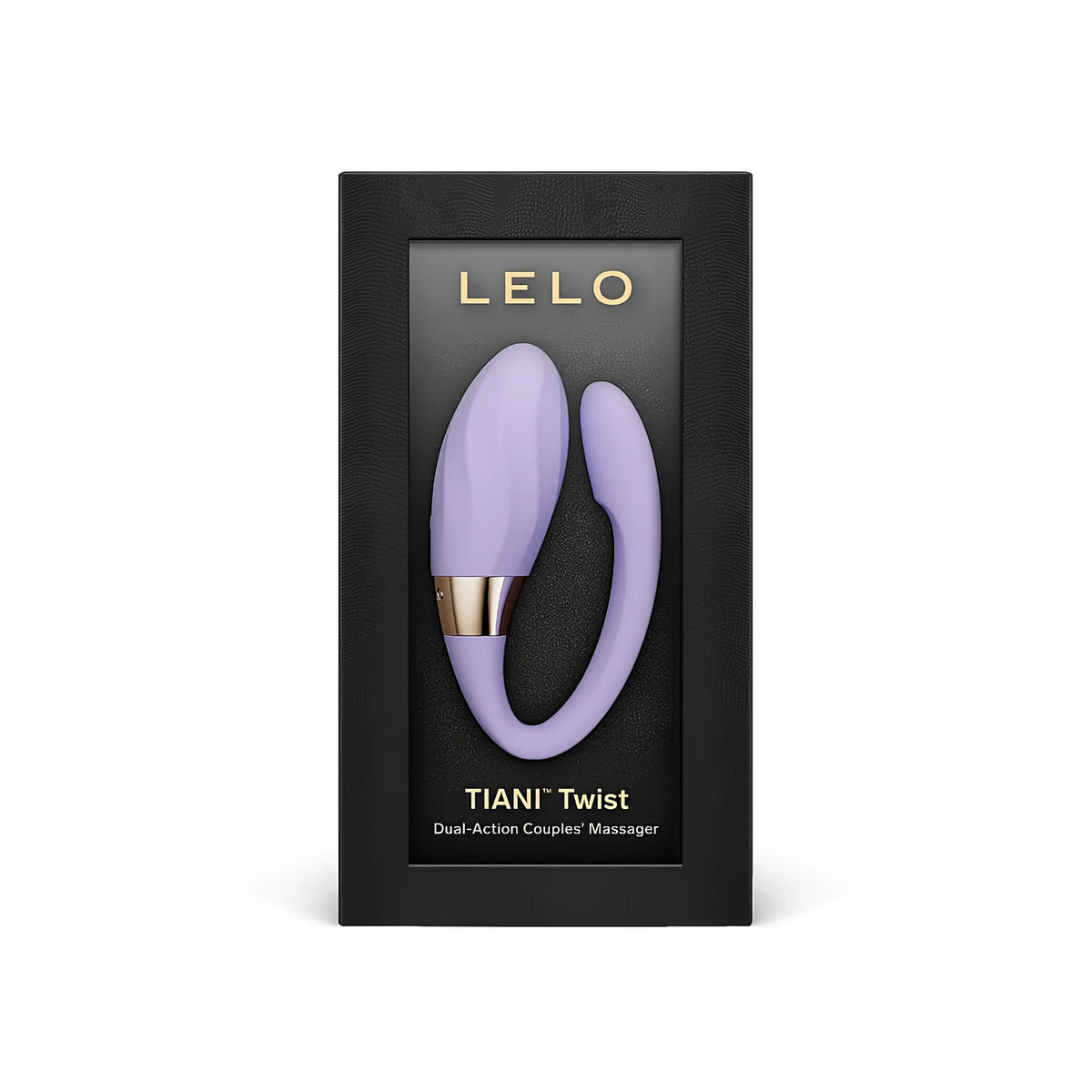 Черна кутия на LELO TIANI Twist с прозорец, през който се вижда лилавият вибратор за двойки с розовозлатист пръстен