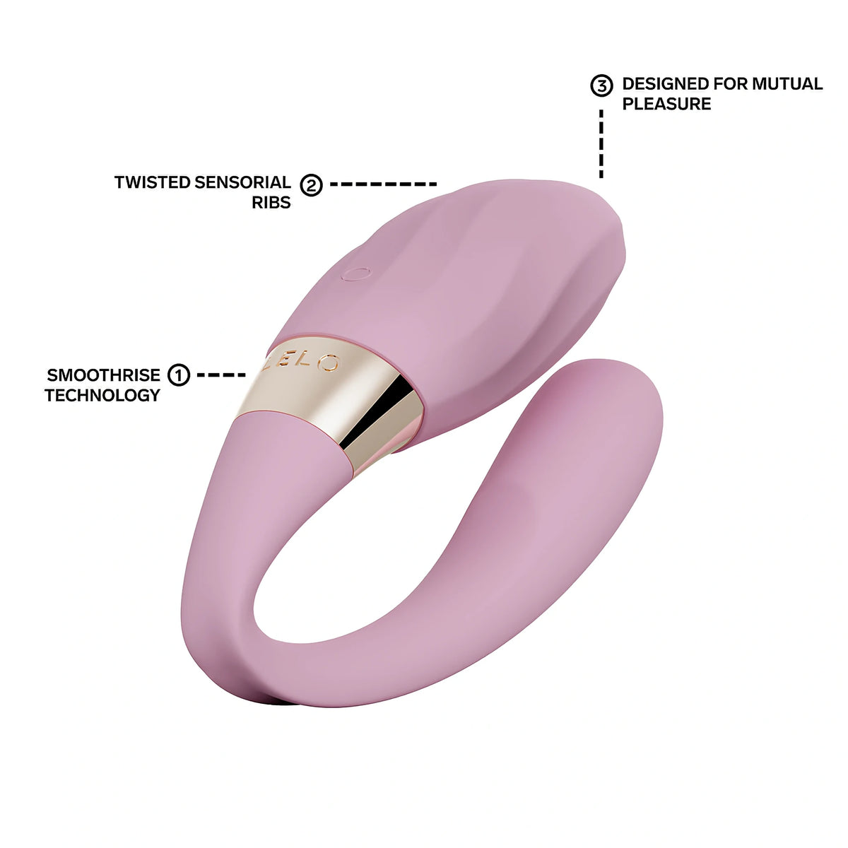 LELO TIANI Twist в розово – инфографика с надписи: Smoothrise технология, усукани сензорни ребра и дизайн за споделено удоволствие
