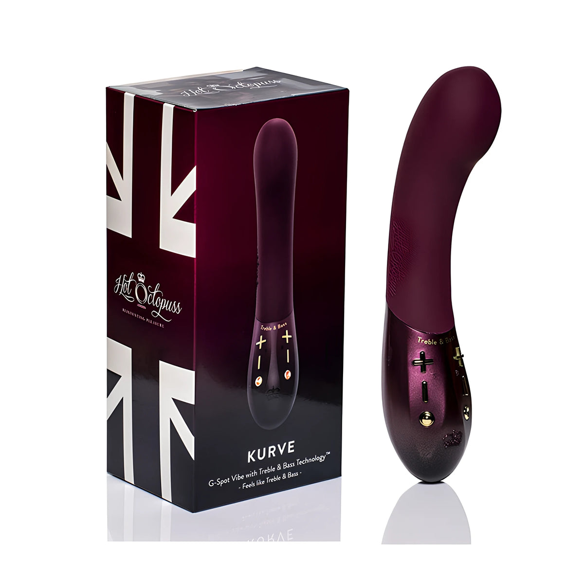 Вибратор Kurve в бордо до тъмночервената си кутия на Hot Octopuss с британско знаме и надпис за Treble & Bass технология