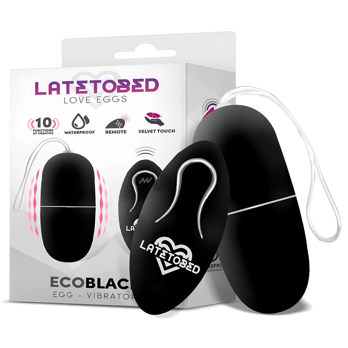 Виброяйце Ecoblack на LateToBed в черно с дистанционно, пред кутията с надписи за 10 функции, водоустойчивост и мек на допир материал