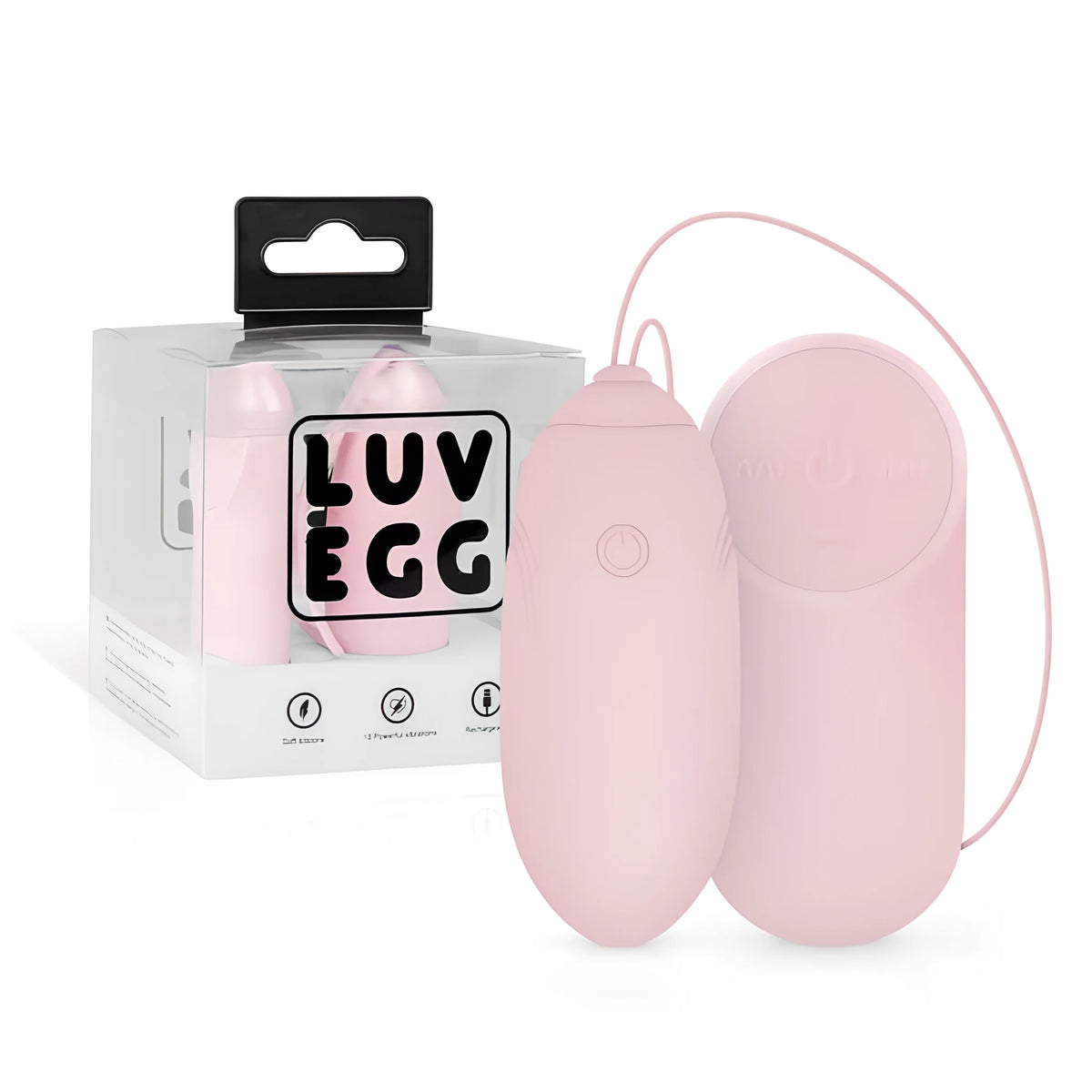 Виброяйце Luv Egg в розово и кабелно дистанционно до прозрачната кутия с надпис LUV EGG и черна закачалка