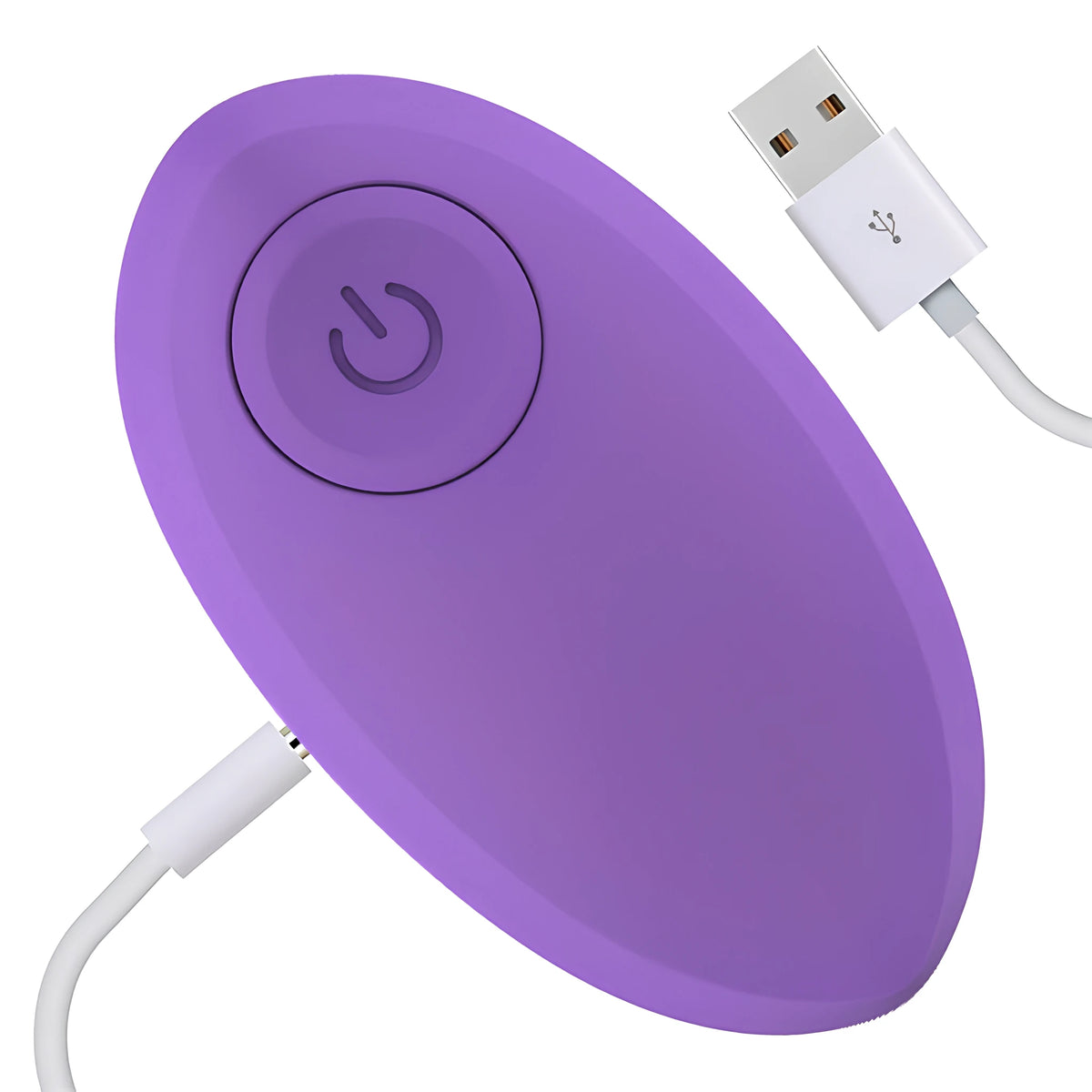 Лилавото виброяйце Odise с бутон за включване, свързано към бял USB кабел за зареждане