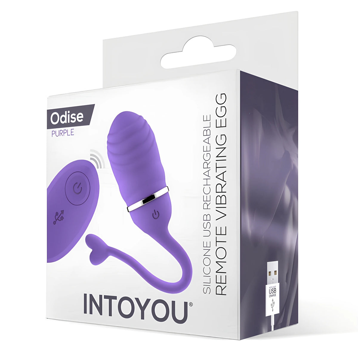 Лилава кутия на виброяйце Odise на IntoYou с ярка опаковка, дистанционно управление и текст за силикон и USB зареждане
