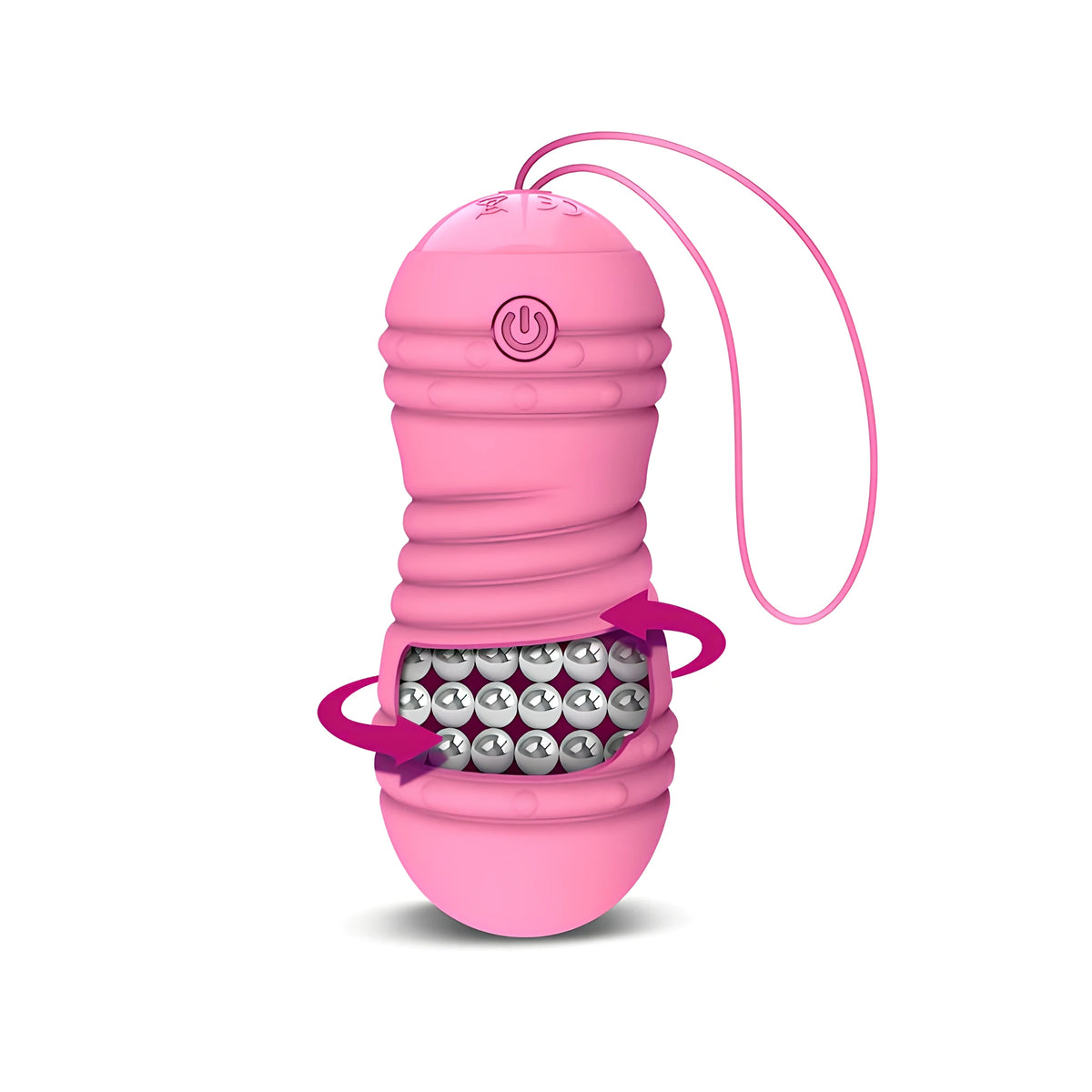 Виброяйце Hiibo Vibrating and Rotating в розово с изрязан срез, показващ въртящи се метални топчета вътре, и стрелки за въртенето