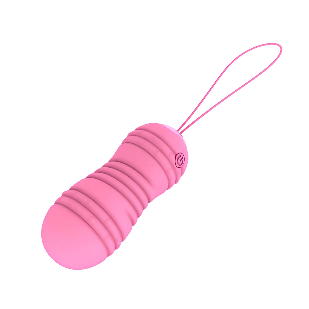 Розово виброяйце Hiibo Vibrating and Rotating с ребрест корпус, бутон за включване и примка за издърпване, изглед под ъгъл
