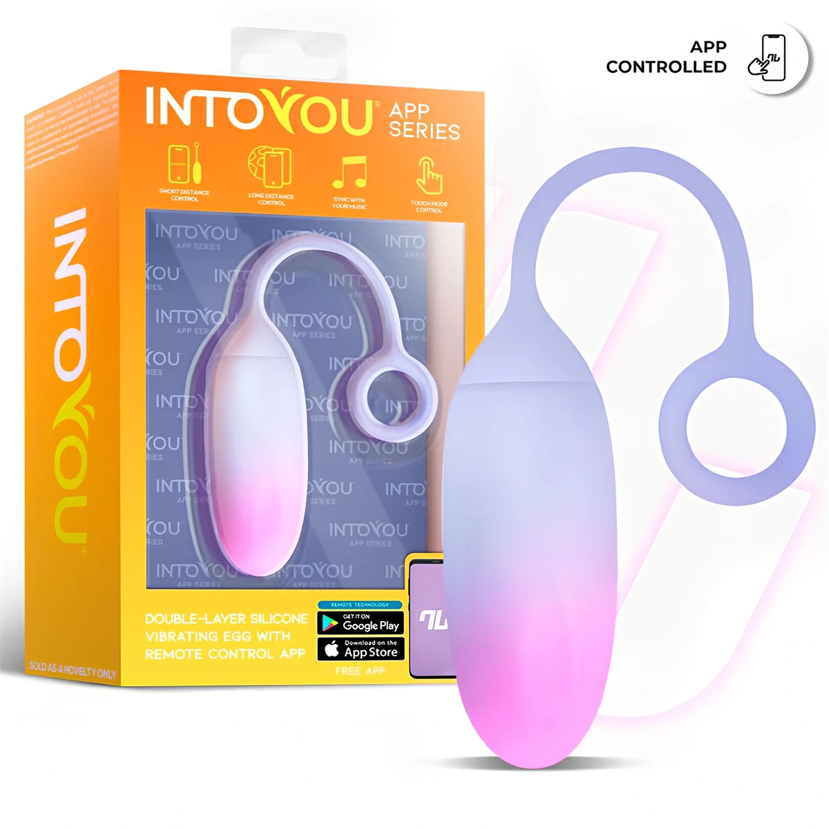 Оранжева кутия на IntoYou App Series с виброяйце в преливащо синьо-розово, до него самото яйце с връзка и пръстен, надпис „App controlled“