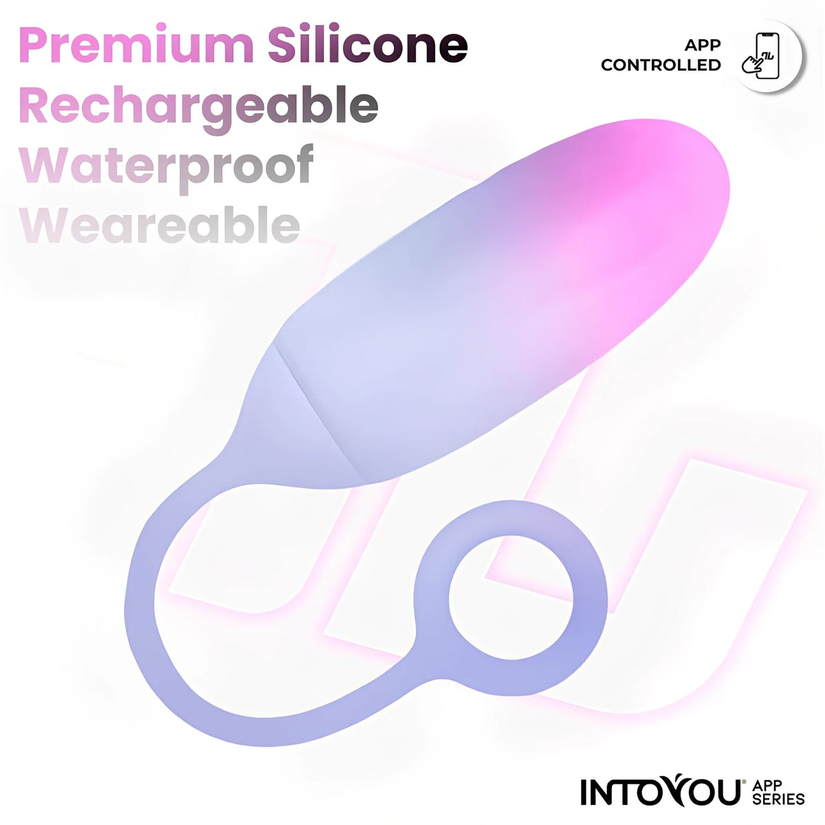 Инфографика за виброяйце IntoYou App Series в розово-синьо с пръстен за издърпване и надписи за силикон, зареждане, водоустойчивост и приложение